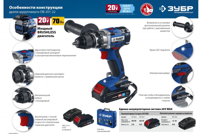 Шуруповерт аккумуляторный ЗУБР Профессионал (DB-201-22; бесщеточный; 70 Hм; 0-500/0-1800 об/мин; 20В / 2Ач/2шт, кейс)