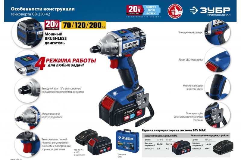 Аккумуляторный гайковерт ЗУБР Профессионал BRUSHLESS (GB-250-42; 280Нм; 1/2"; 20В; регулировка частоты; 0-3900 уд/мин; бесщеточный; 2 аккумулятора, кейс)
