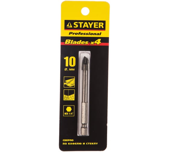 Сверло по керамике, кафелю, стеклу STAYER Professional (6-гранный хвостик; 4 режущих лезвия; 10мм; 2985-10_z01)