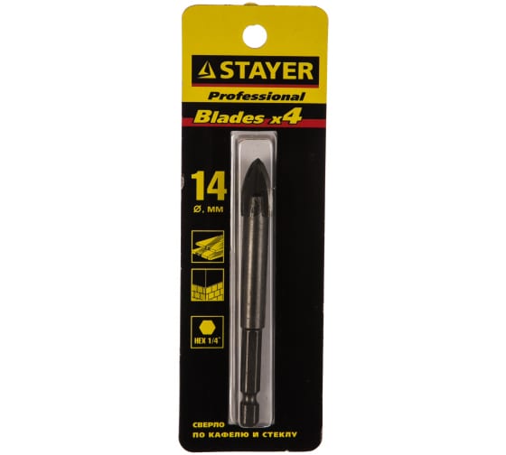 Сверло по керамике, кафелю, стеклу STAYER Professional (6-гранный хвостик; 4 режущих лезвия; 14мм; 2985-14_z01)