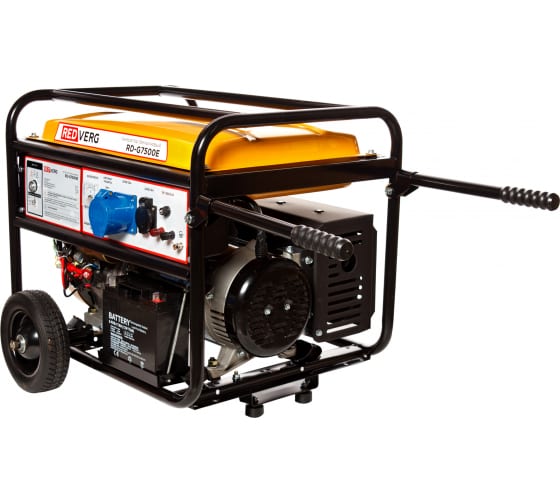 REDVERG генератор бензиновый (RD-G7500E 4-х тактный, бенз., OHV, с возд. охл. 16л.с.; 439см3; макс.-7,5кВт; ном.-7кВт; 220V; ручной/электрозапуск; бак 25л; масло 1,1л; 78ДБ 92кг ак)