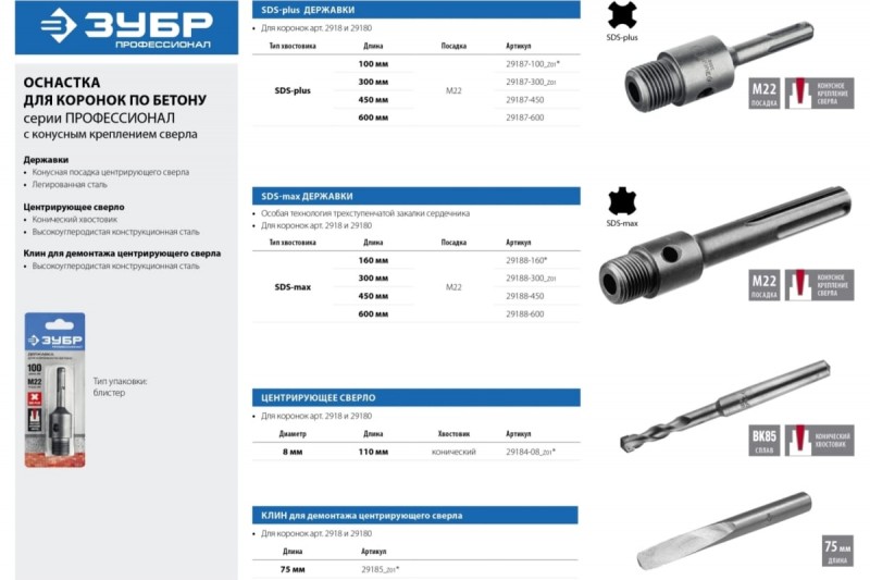 Державка ЗУБР Профессионал (для коронки по бетону - 600мм SDS+; 29187-600)