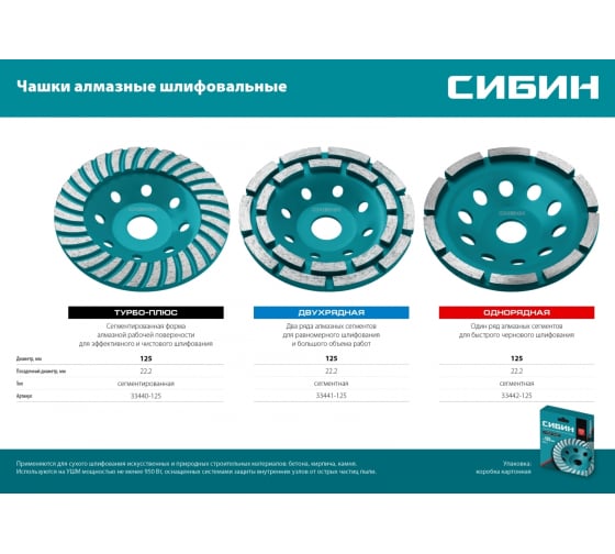 Чашка алмазная зачистная СИБИН (125мм 2-х рядная ; 33441-125)